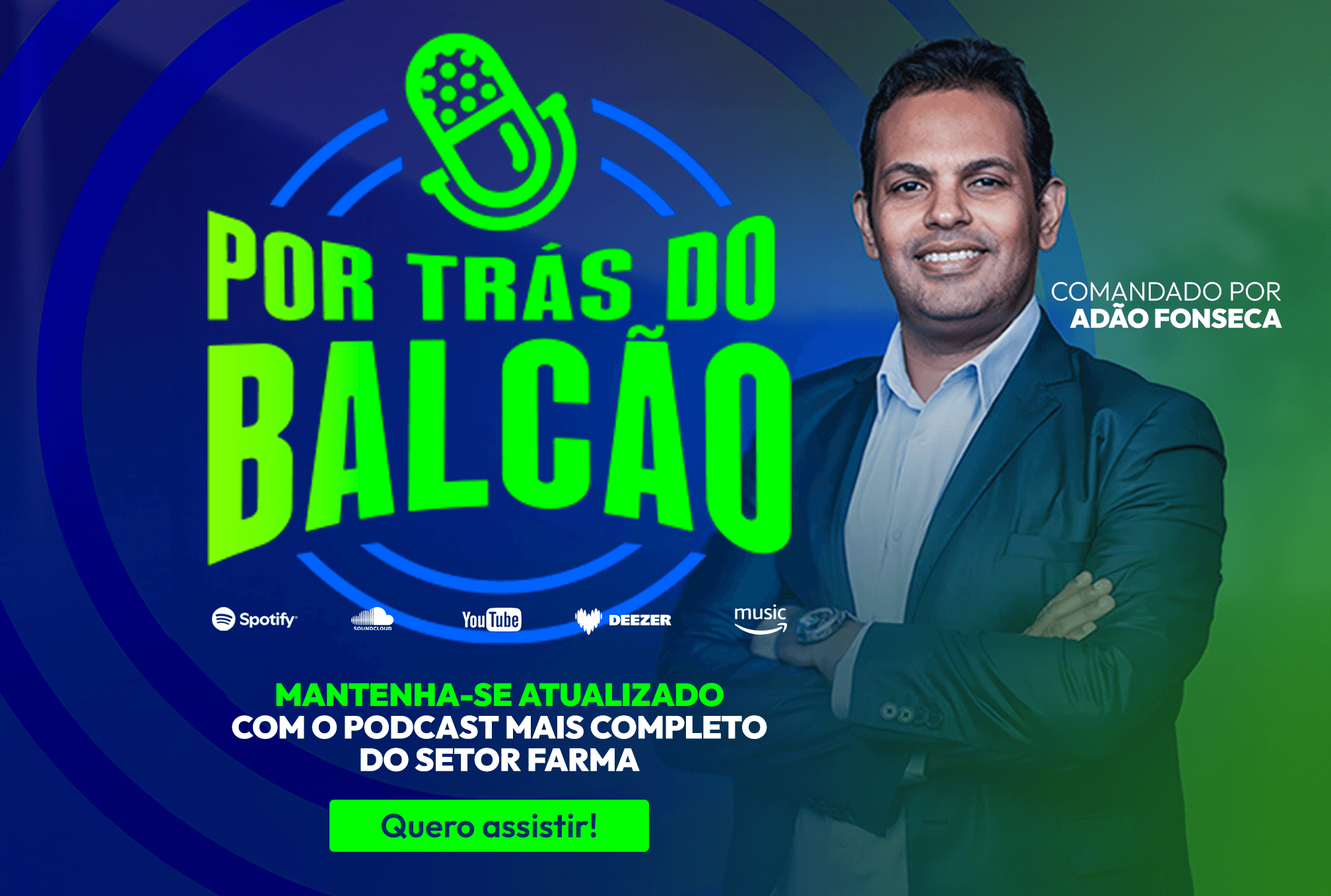 Banner do Podcast por trás do balcão